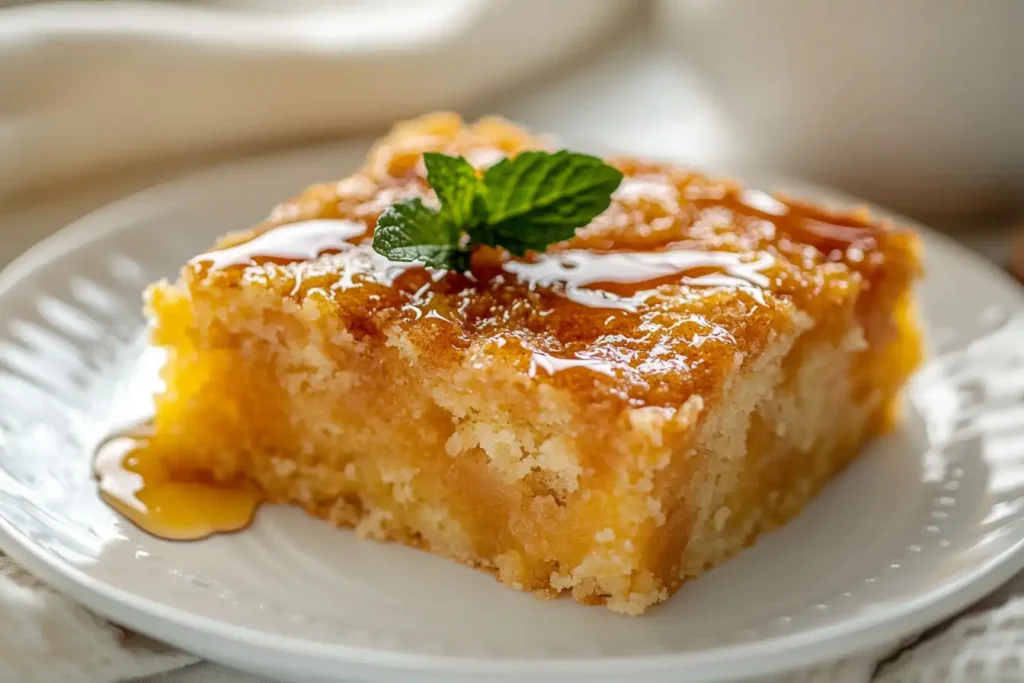 A slice of dump cake served with a garnish and coffee.