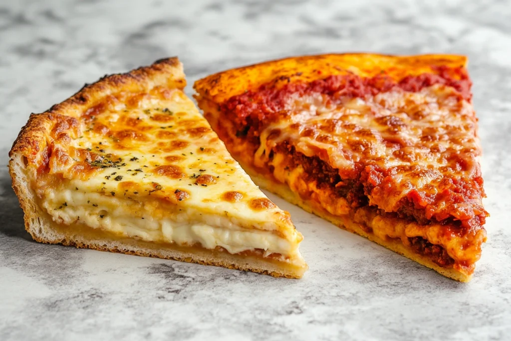 Comparison of New York-style pizza slice and Chicago deep dish slice.