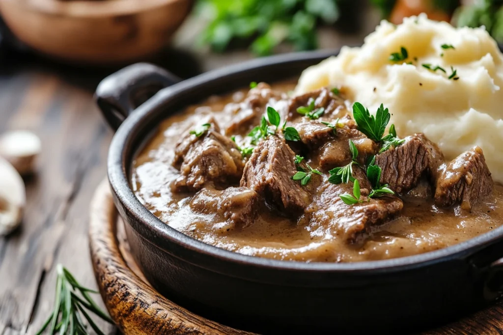 Steaming no peek beef tips with mashed potatoes and fresh herbs