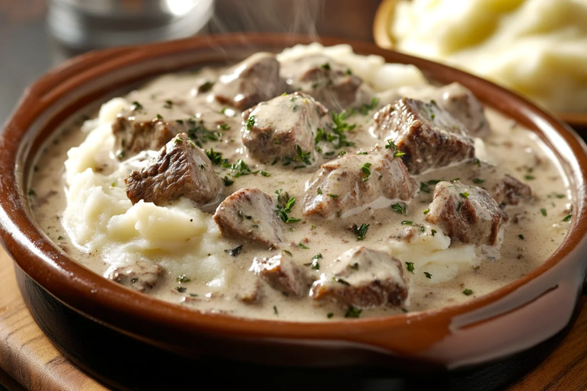 Steaming no peek beef tips served with creamy mashed potatoes and fresh herbs.