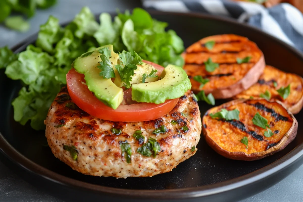 Lean turkey burger with grilled sweet potatoes