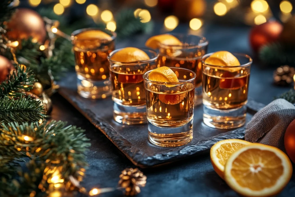 Tray of orange tea shots surrounded by festive party decorations.