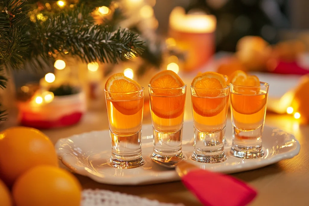 Four orange tea shots garnished with orange slices, served on a festive white plate with holiday lighting and decorations in the background.