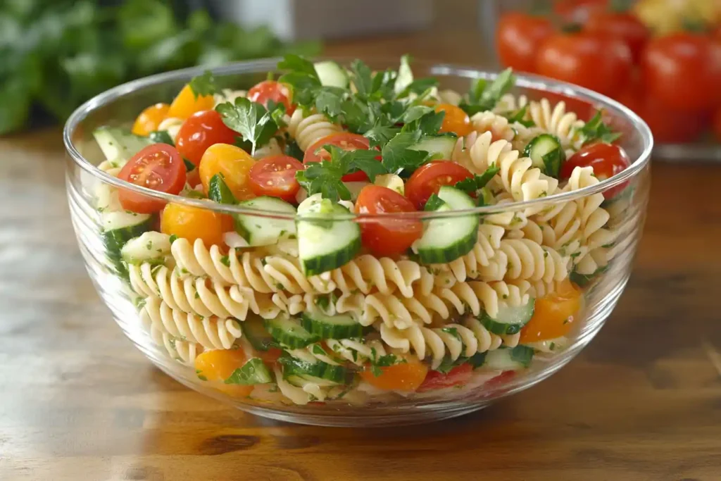 Vibrant pasta salad with fresh vegetables and herbs on a rustic table.