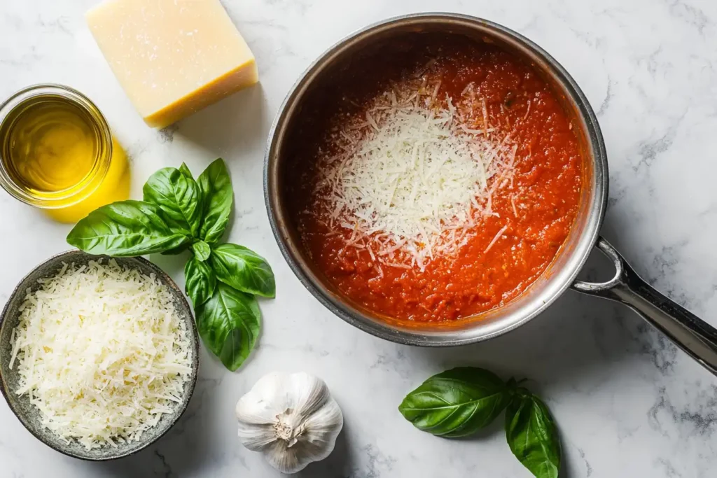 Ingredients for pasta sauce with Parmesan.