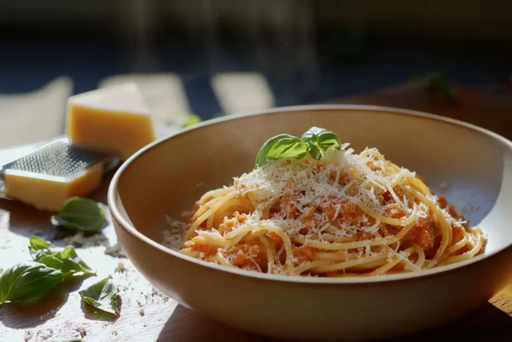 Pasta with tomato sauce and freshly grated Parmesan.