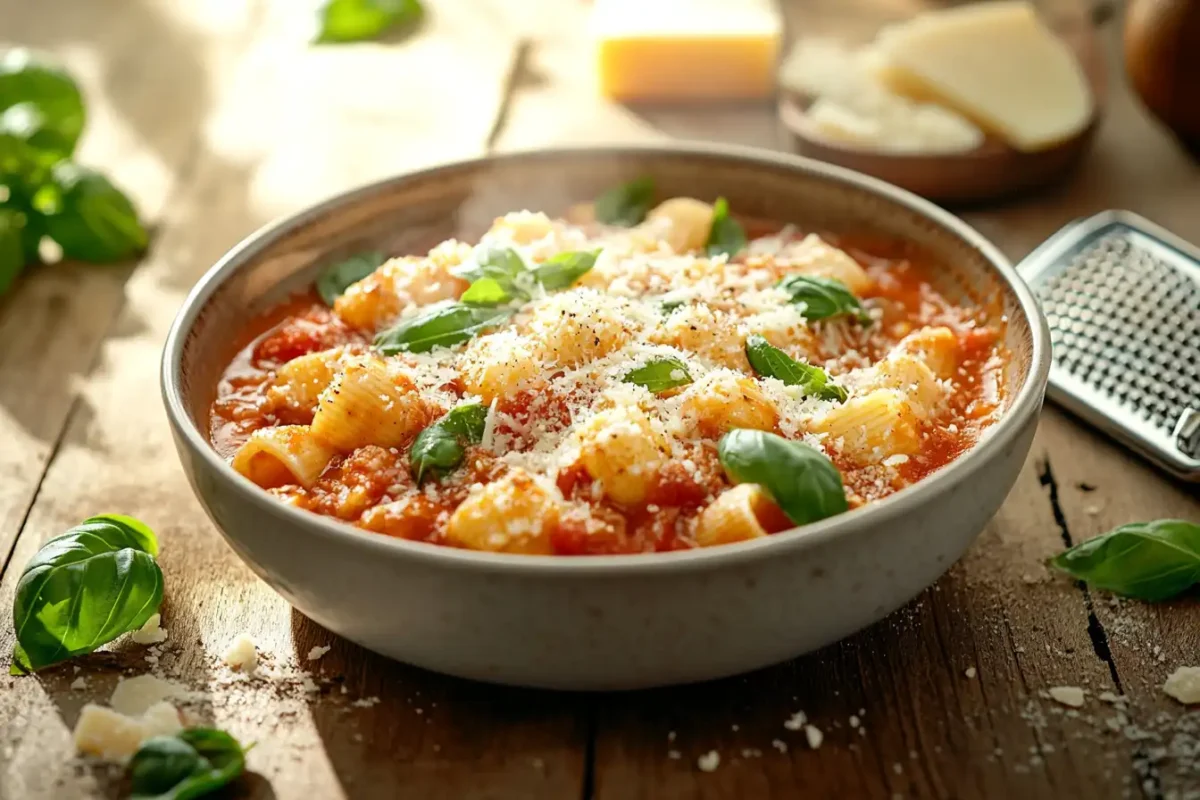 Pasta with tomato sauce, Parmesan, and basil