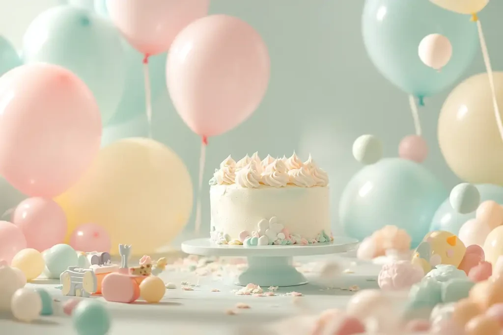 Pastel cake smash setup with balloons and frosted cake.