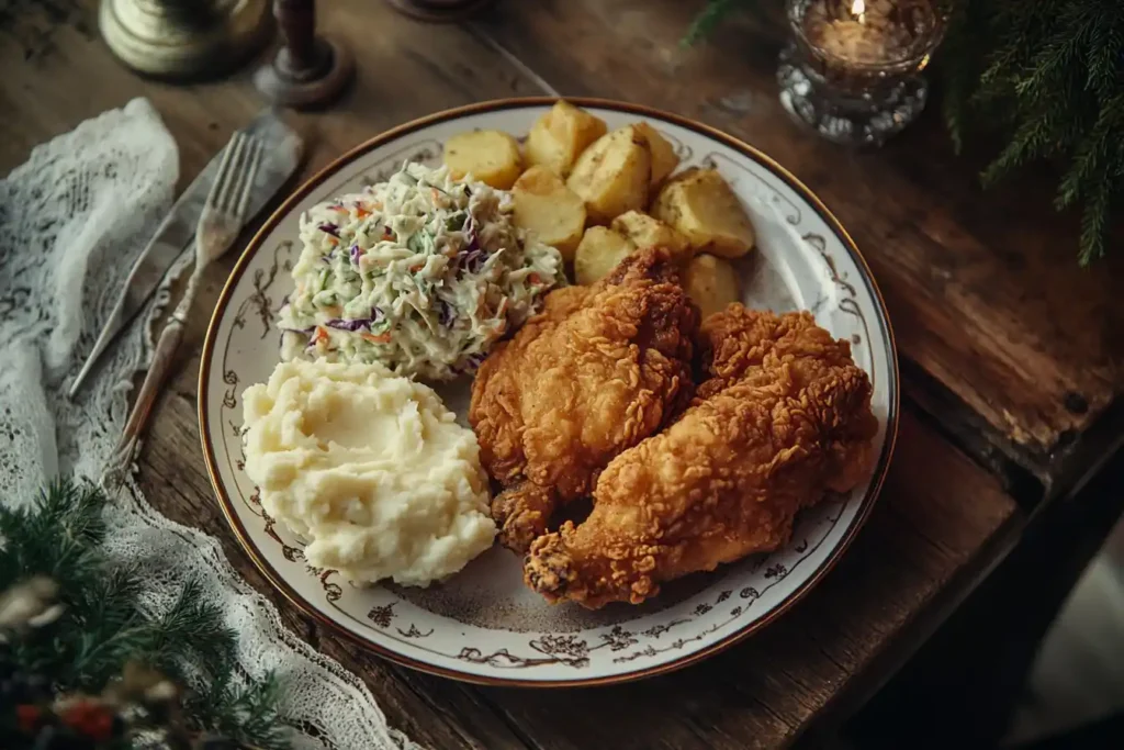 Plate of crispy fried chicken with coleslaw and mashed potatoes.