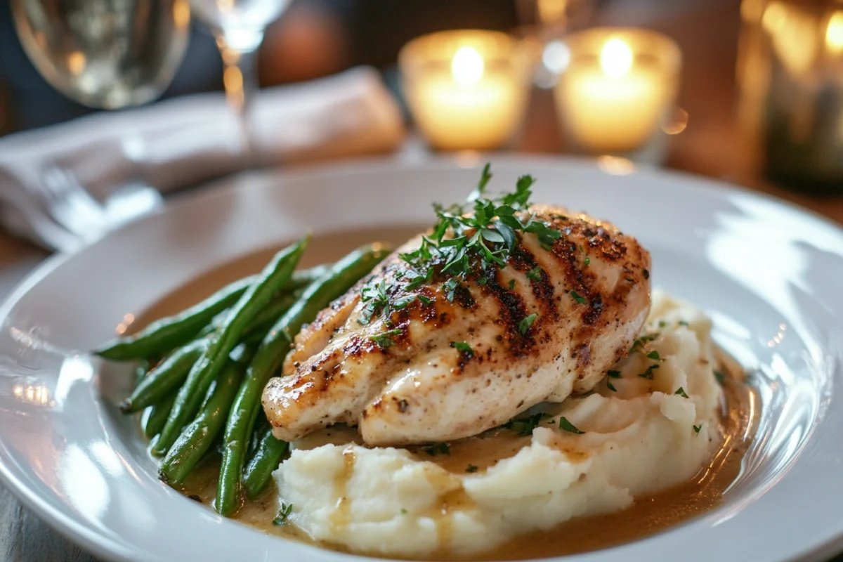 Chicken Christopher served with mashed potatoes and green beans