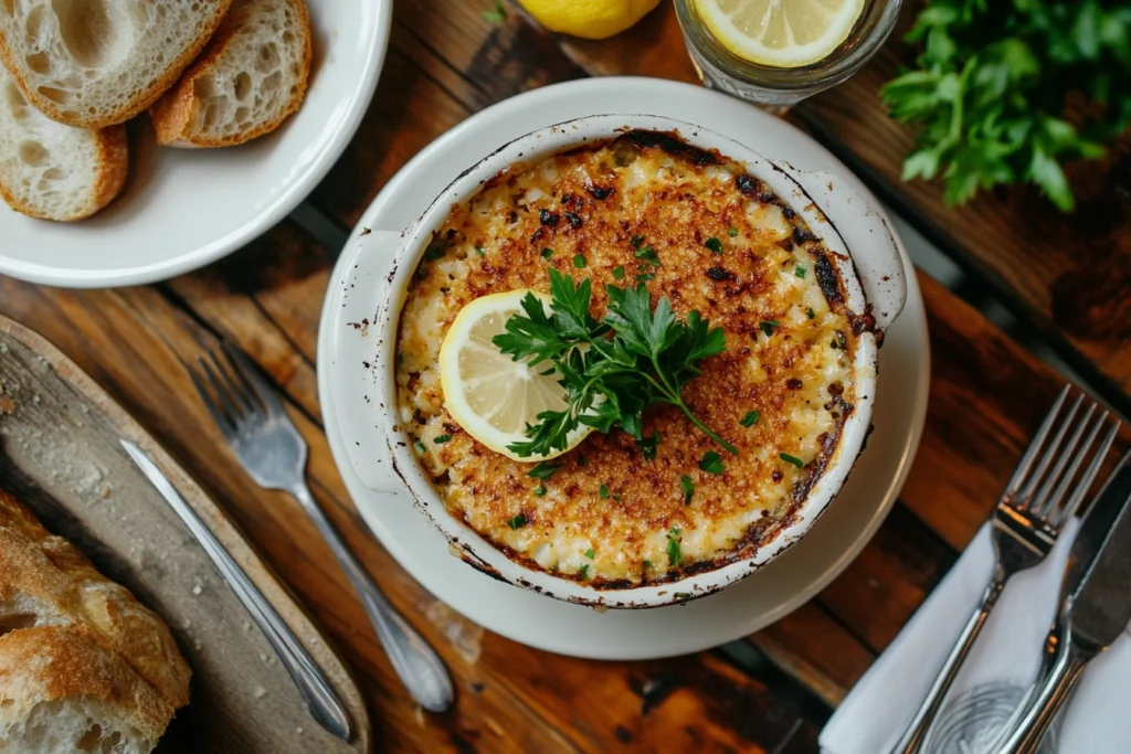 A plated crab brûlée garnished with lemon, parsley, and served with artisan bread.