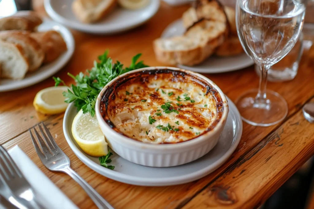 Plated crab brûlée with parsley and lemon slices on a wooden table.