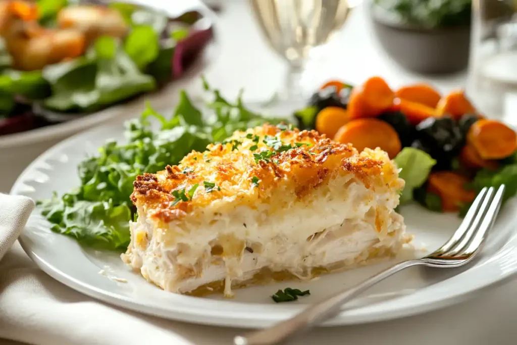  A slice of Million Dollar Chicken Casserole served with a green salad and roasted vegetables on a white plate.