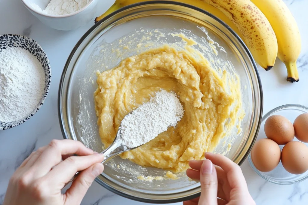 Step-by-step preparation of 4 ingredient banana bread with mixing bowl and whisk