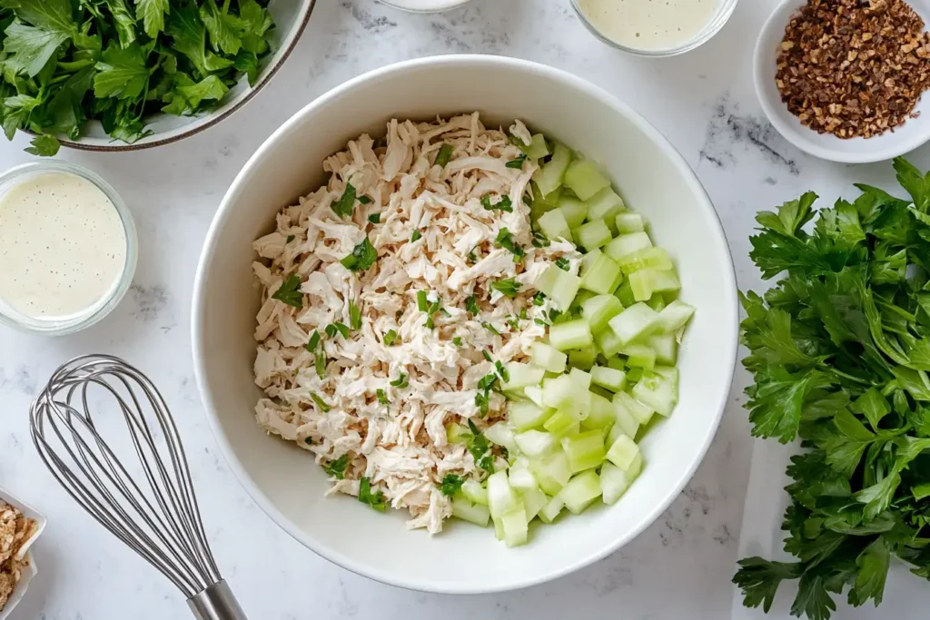 Chicken salad preparation with chicken, celery, and dressing