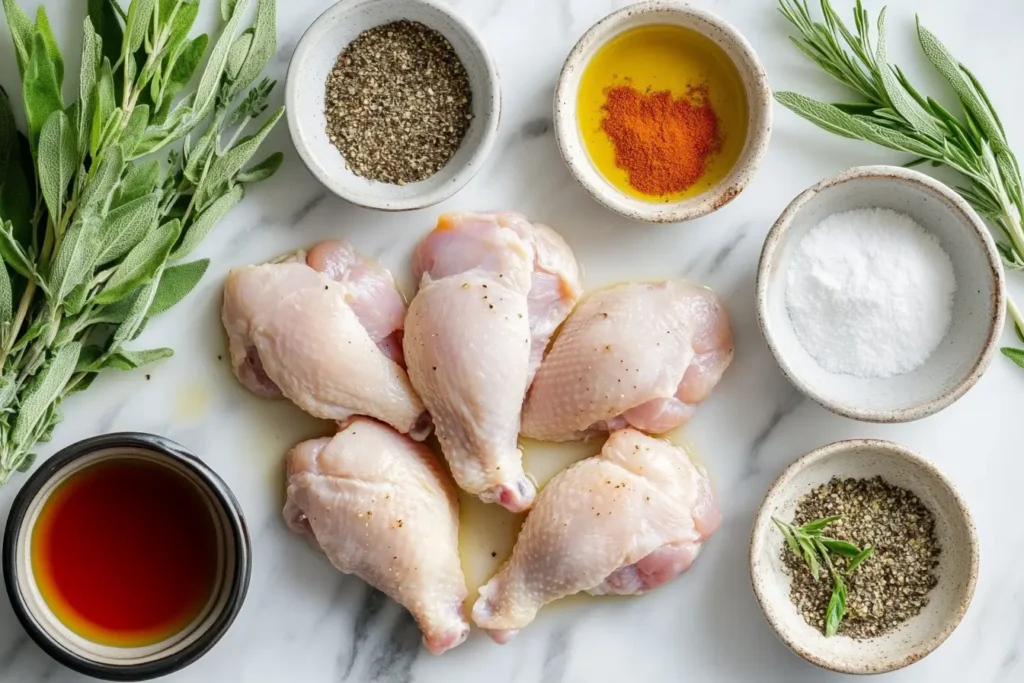 Seasoning and marinating chicken pieces with fresh herbs and spices.