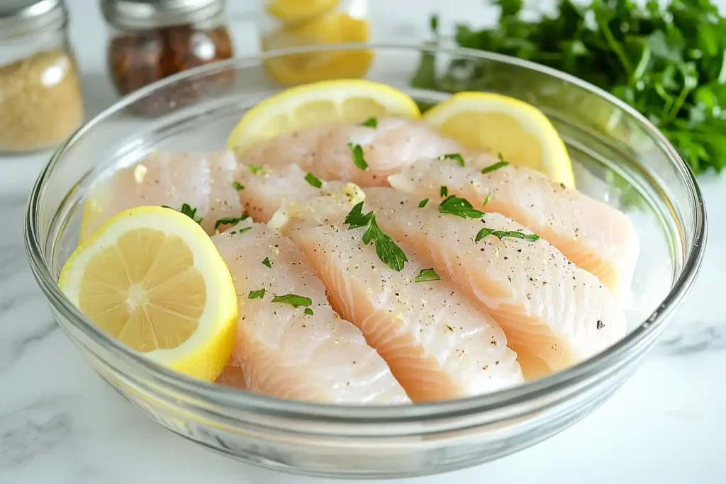 Marinating fish with lemon, garlic, and parsley.