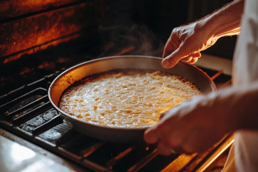 Hands mixing batter for Fricassee Cake in a rustic kitchen setting.