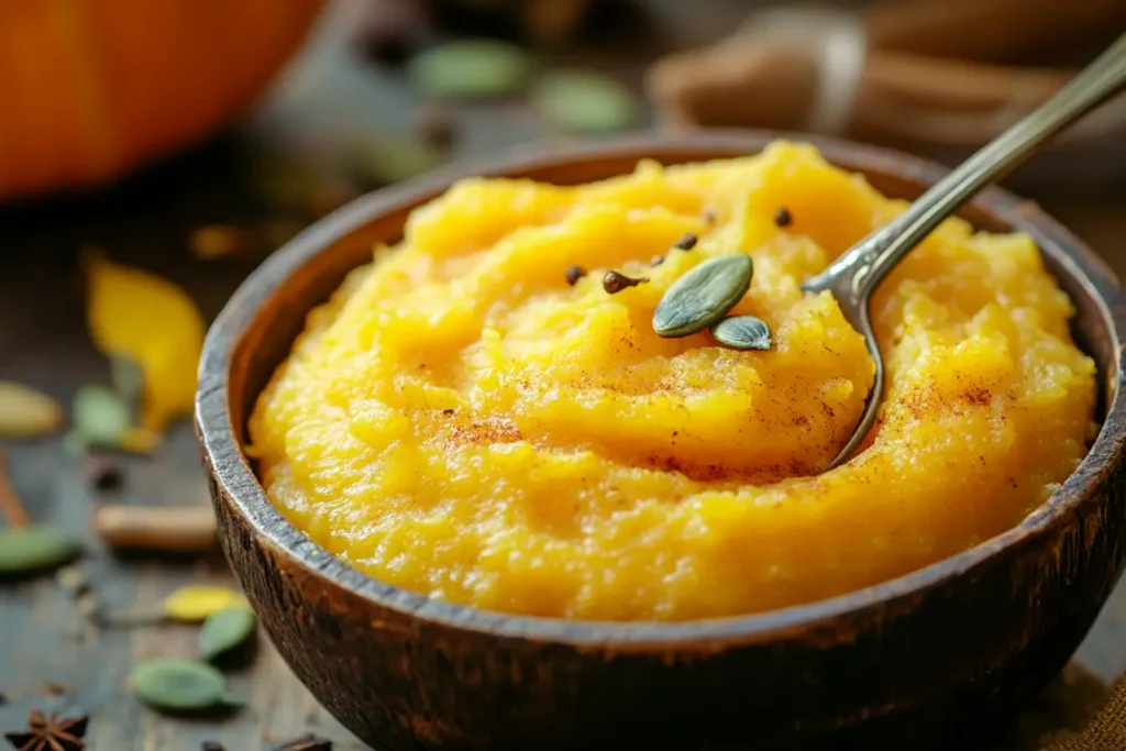 Homemade pumpkin puree preparation with roasted pumpkin.