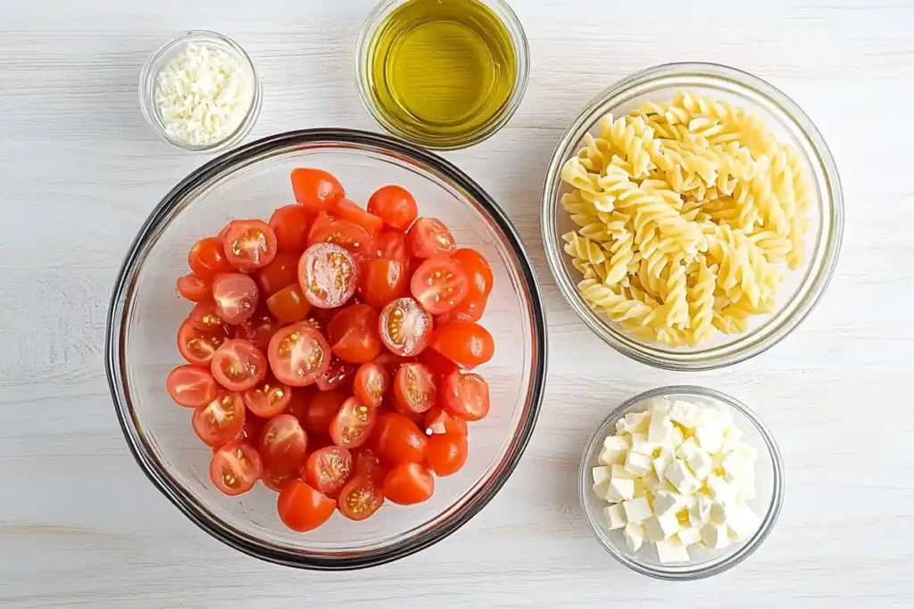 Ingredients for 4 ingredient pasta salad laid out on a wooden surface.