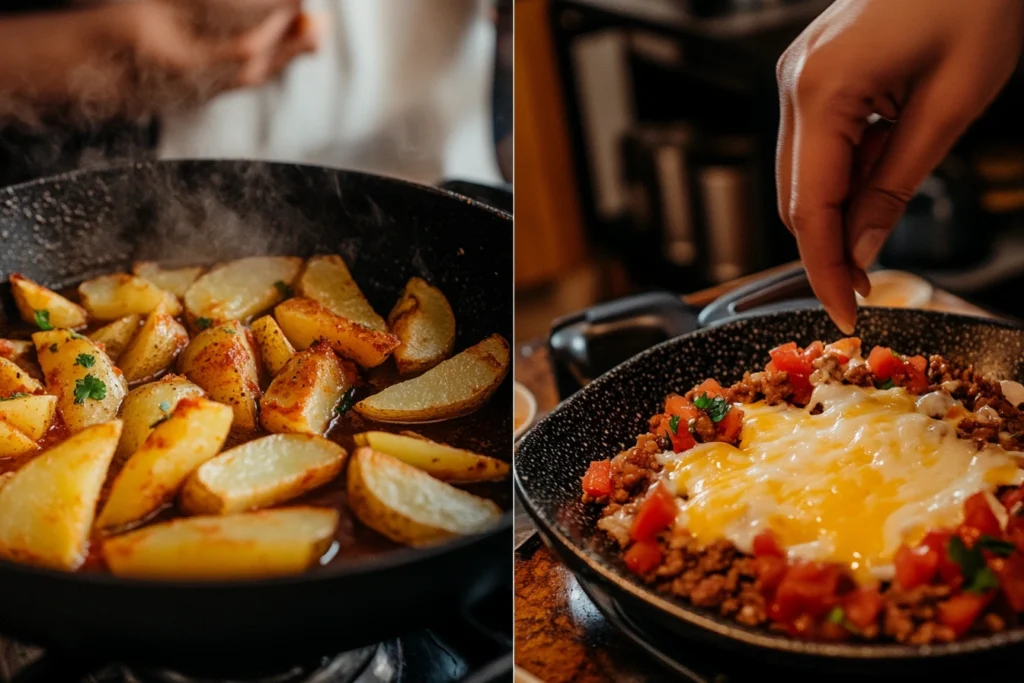 Step-by-step preparation of Papas Locas with frying, plating, and topping.