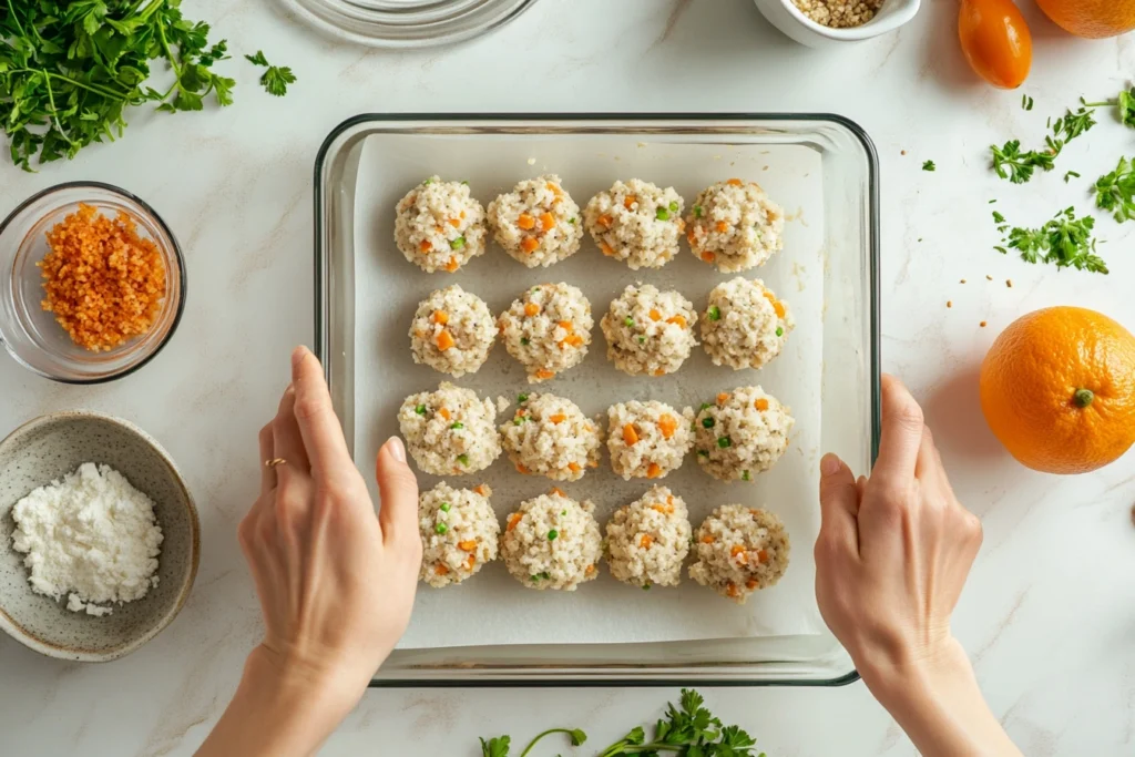 Preparing stuffing balls by mixing and forming them on a baking tray.