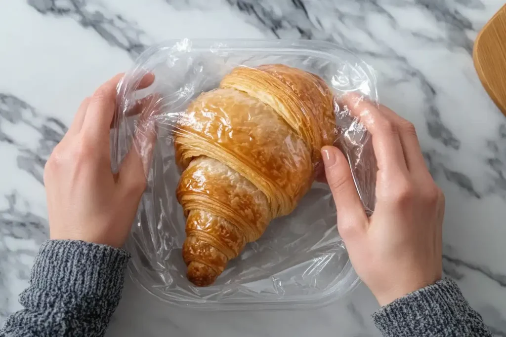 Wrapping croissants in plastic for storage.