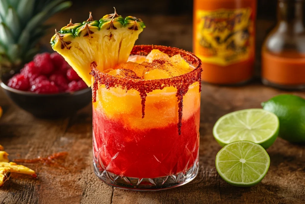 Rusa Drink garnished with pineapple and lime, chamoy rim, and tajín sprinkled