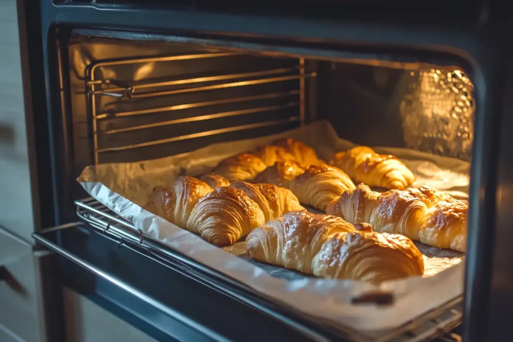 Croissants reheating in an oven on a parchment-lined tray.