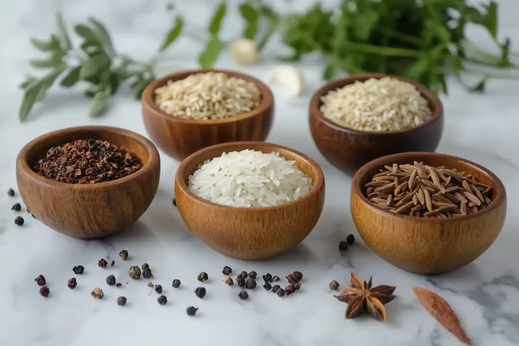 Different types of rice varieties in wooden bowls