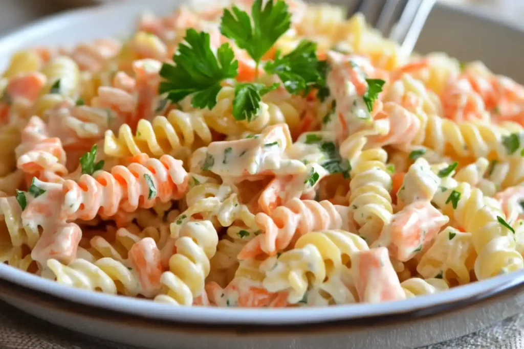 Close-up of rotini pasta with creamy dressing and parsley.