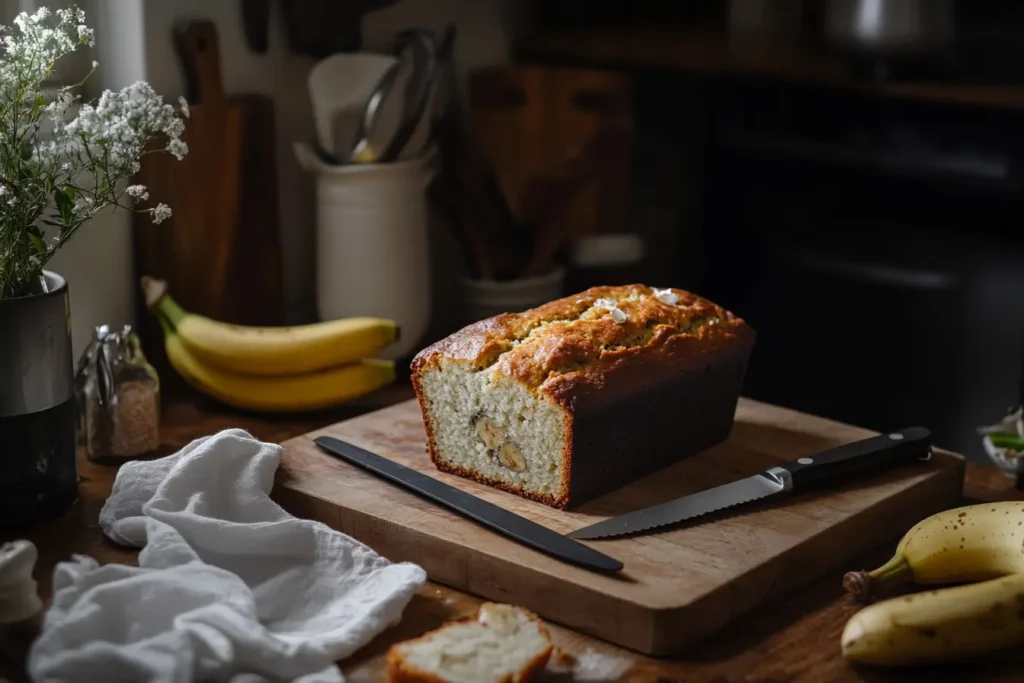 Perfectly baked banana bread loaf with ripe bananas