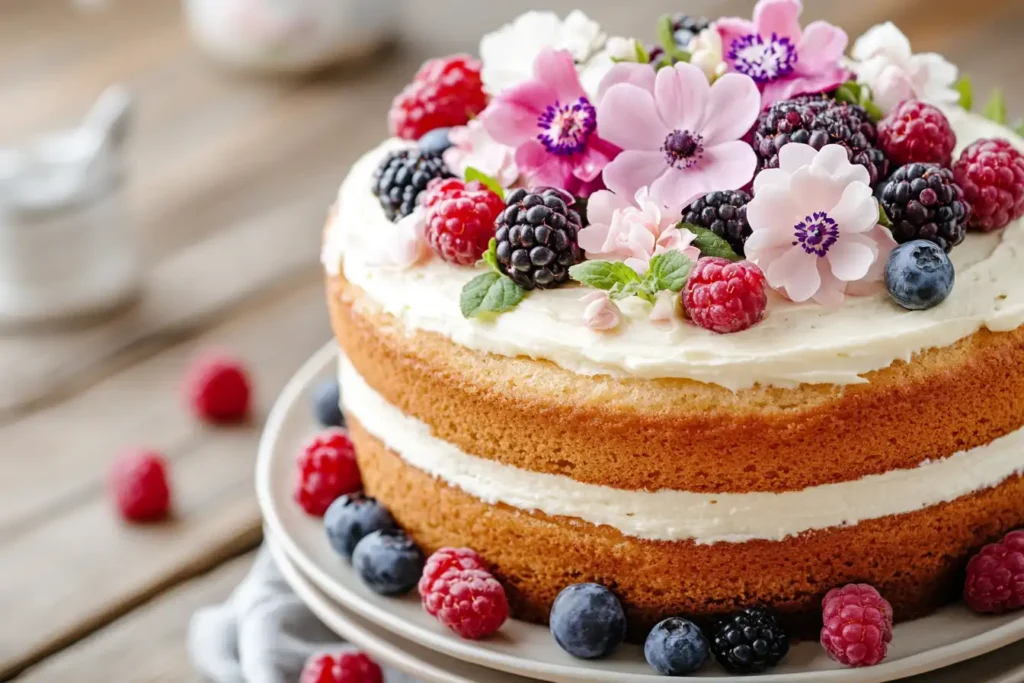 Naked Vanilla Cake with Edible Flowers