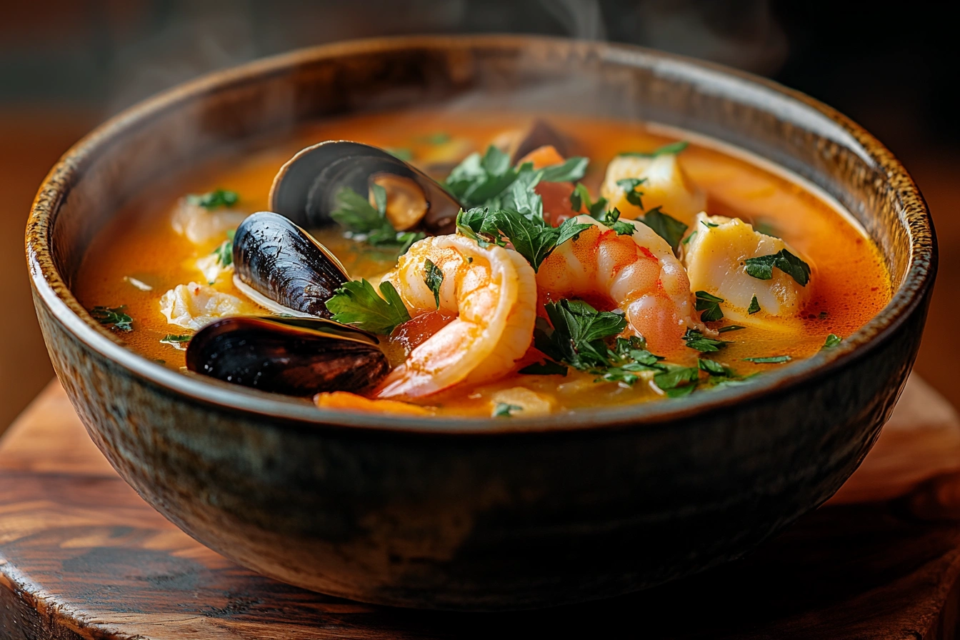 Seafood Soup in a Rustic Ceramic Bowl