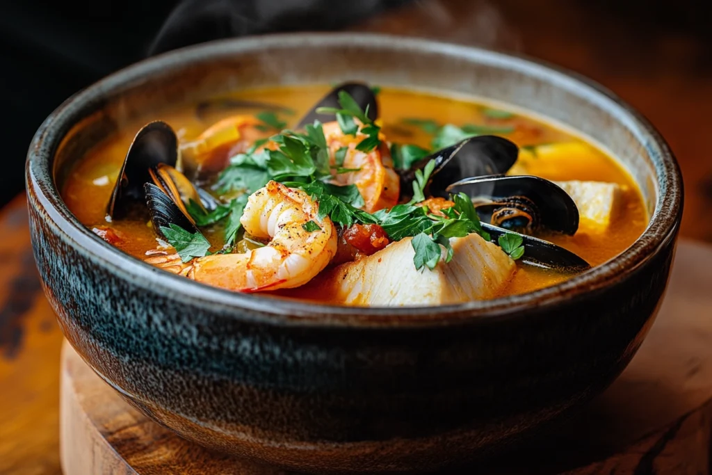 Rustic seafood soup with shrimp, mussels, fish, and herbs in a ceramic bowl