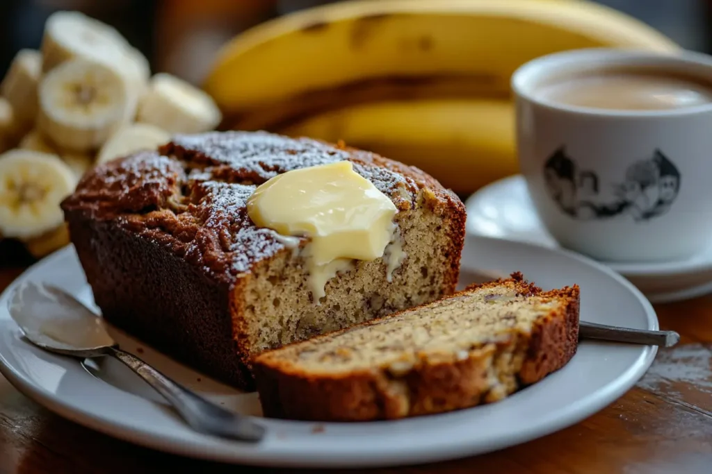 Sliced banana bread with melting butter on a plate.