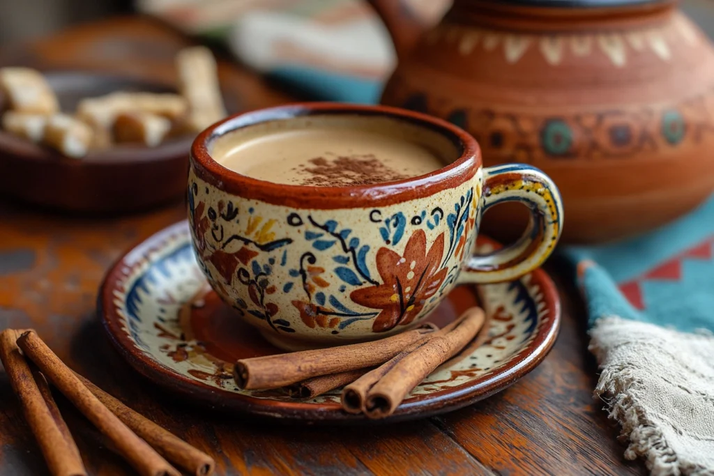 A cup of Café de Olla served with cinnamon sticks and piloncillo on the side.