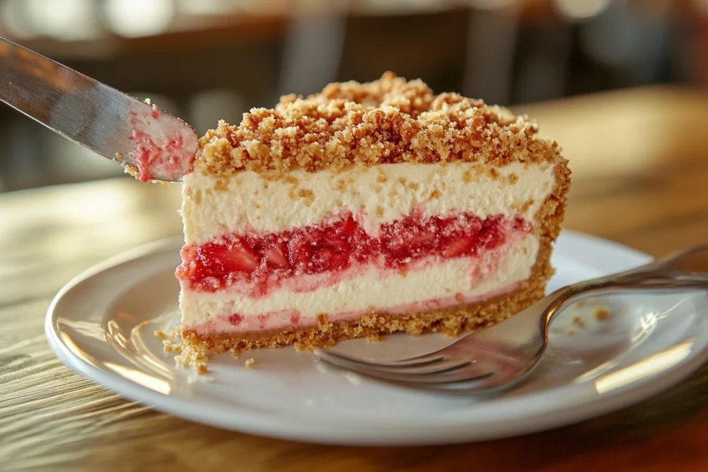 Slice of strawberry crunch cheesecake with visible layers