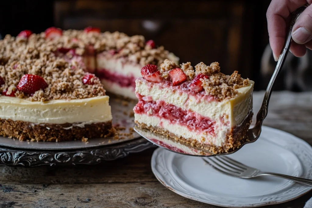 Slice of strawberry crunch cheesecake with visible layers of crust, creamy filling, strawberry layer, and crunchy topping.