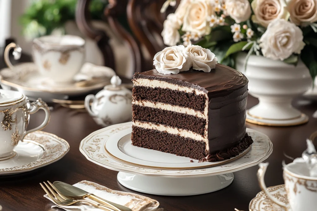 Decorated 8-inch cake sliced and served on a dining table