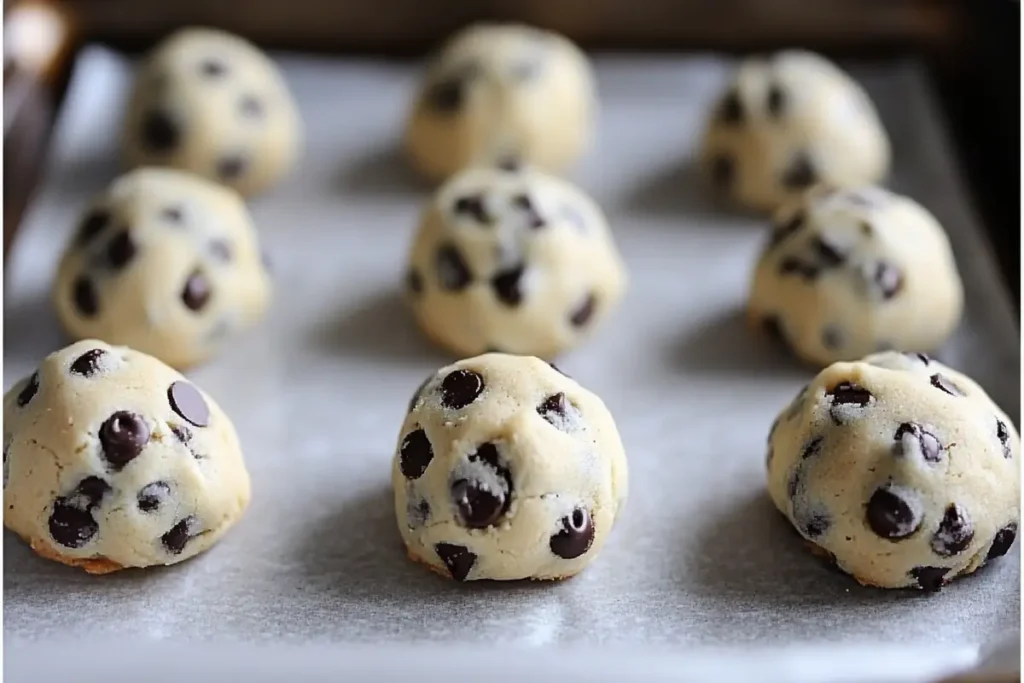 Chocolate chip cookie dough balls on a baking sheet.