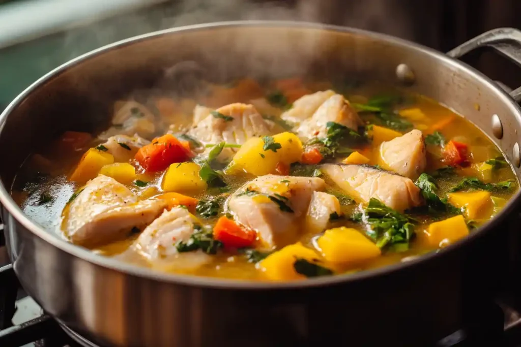 Fish soup simmering on a stovetop with vegetables and herbs.