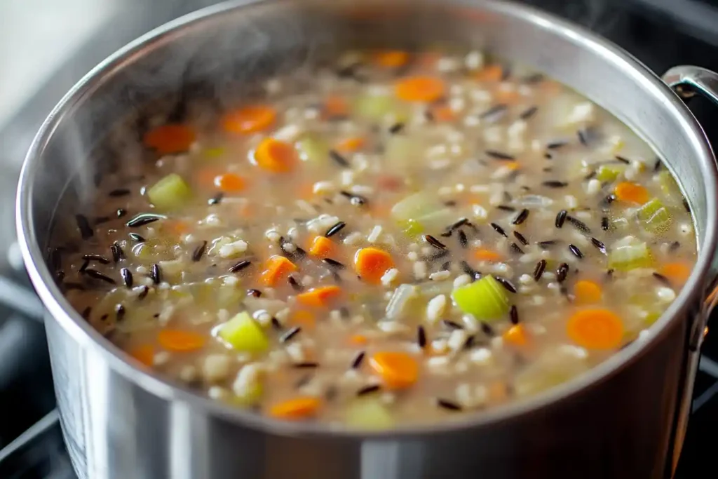 Pot of simmering vegetable and rice soup