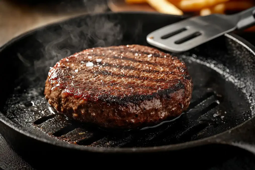 Burger patty cooking on a cast-iron skillet to highlight what is the secret ingredient in a good burger