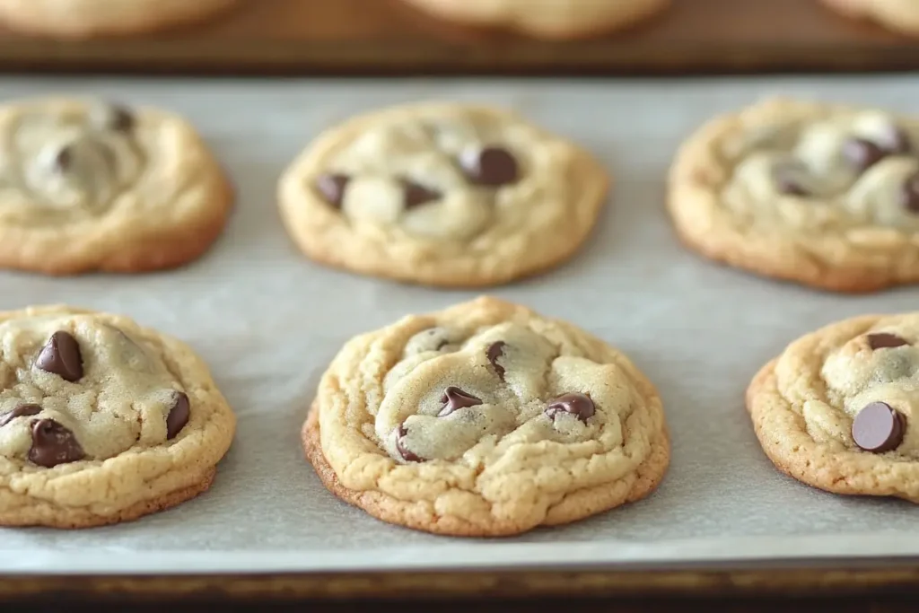 Freshly baked small-batch chocolate chip cookies on a rustic wooden table.