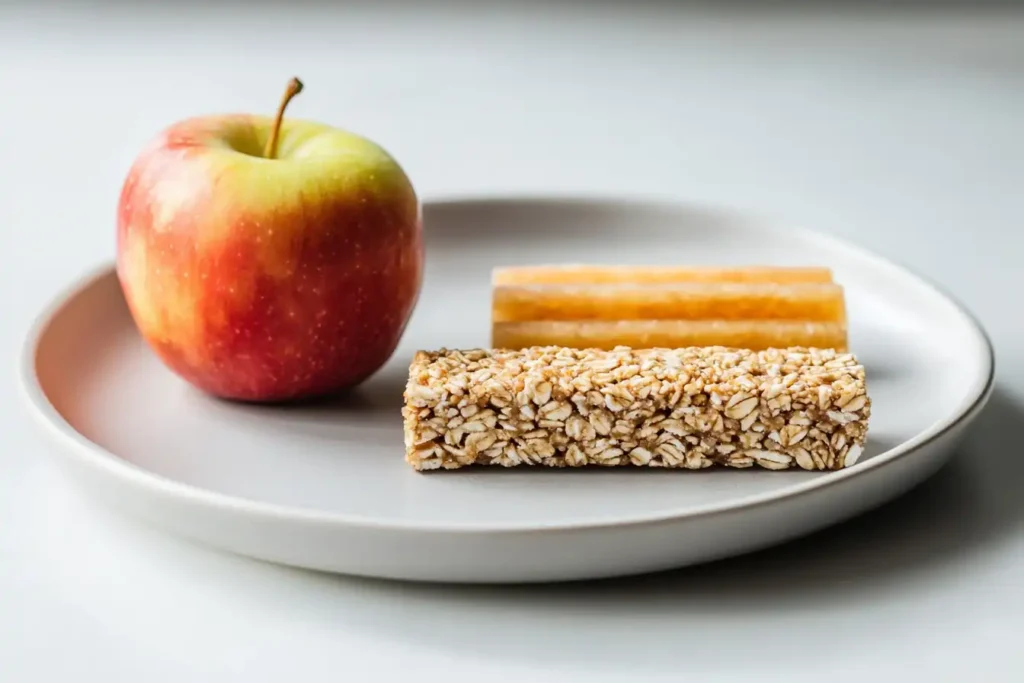 Comparison of a granola bar, protein bar, and apple on a plate.