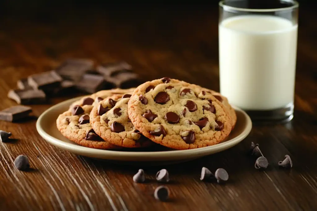 Plate of soft chocolate chip cookies with milk on a rustic table