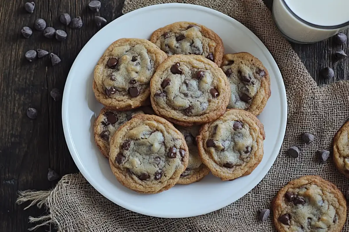 Soft chocolate chip cookies on a plate with milk