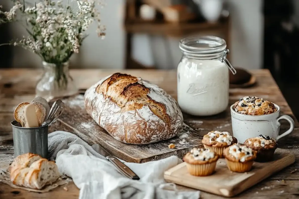 Sourdough bread, muffins, and kefir on a wooden table.