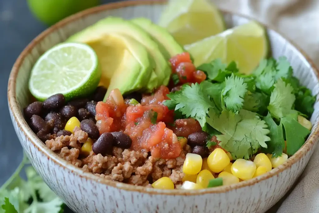 Southwest-style burger bowl with turkey and salsa